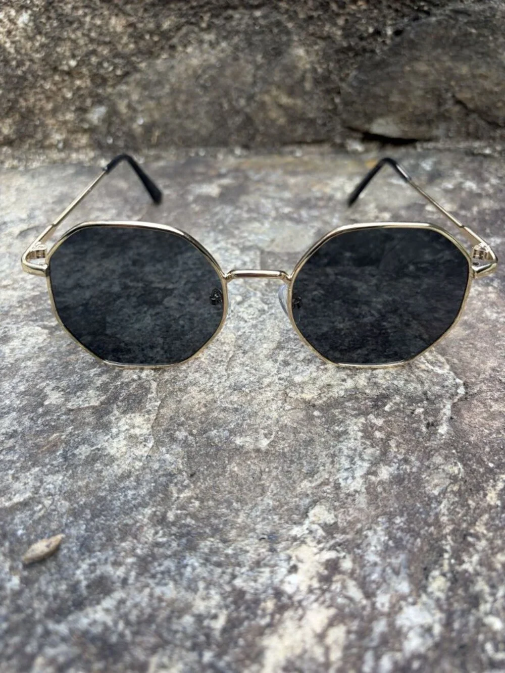 70s Gold Geometric Octagon Sunglasses Retro Round Black Lens Boho Festival NEW